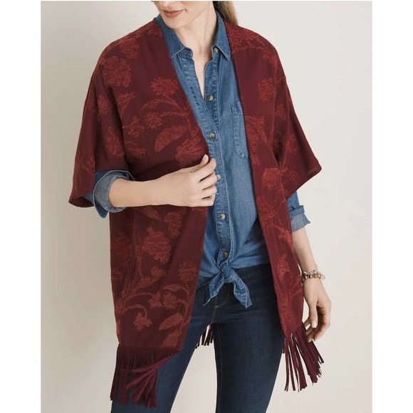 Chico's Chenille Floral‎ Jacquard Ruana L/XL Red Topper Wrap Boho New $119 - Picture 1 of 6